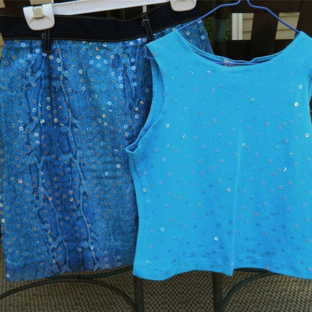 Maxou Kids Girls Blue Sequined Skirt w/denim detail & Sequined Top, size 12